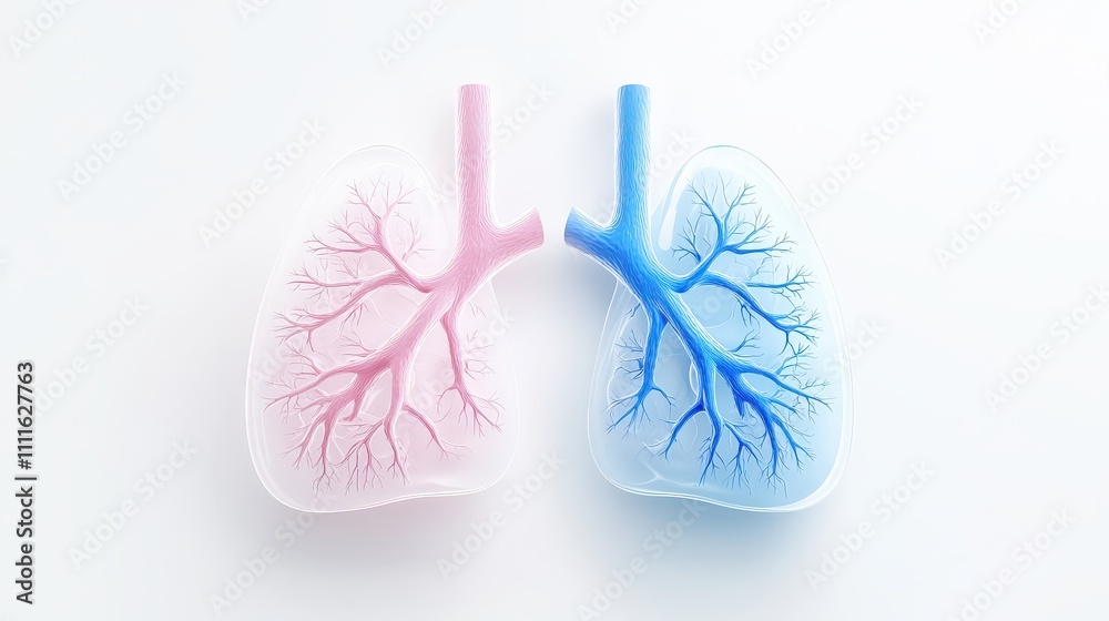 A 3D-rendered pair of lungs featuring a pink hue on the left and a blue hue on the right, with realistic textures and visible bronchial structures. The white background A 3D-rendered pair of lungs featuring a pink hue on the left and a blue hue on the right, with realistic textures and visible bronchial structures. The white background