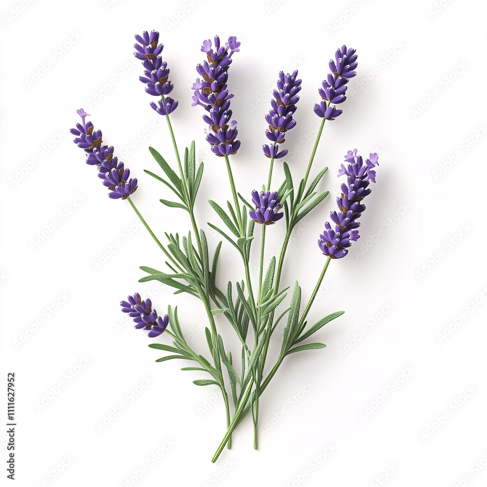 Naklejka premium A delicate bunch of lavender flowers with vibrant purple blossoms and lush green leaves, symbolizing tranquility and beauty.
