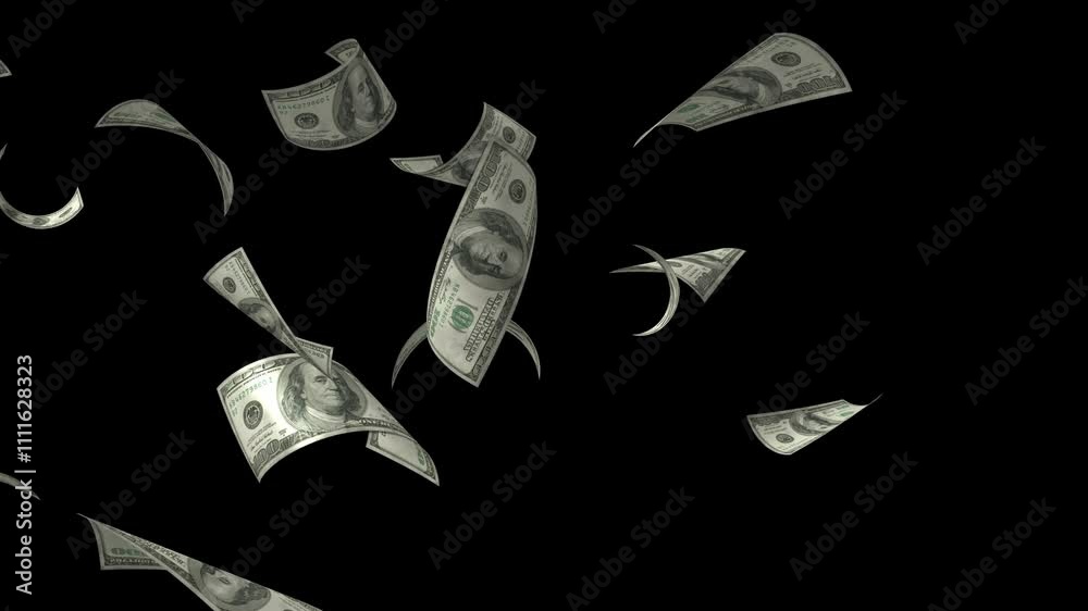 Dollar notes flying free on Black screen, flying money animation 4K