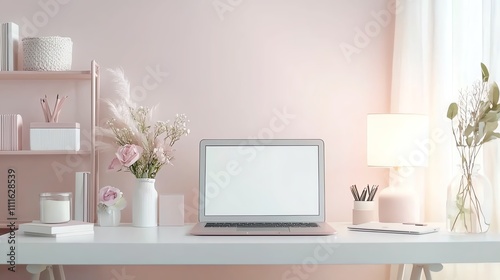 Minimalist workspace with laptop  lamp  and decor in soft pastel shades on a white desk.