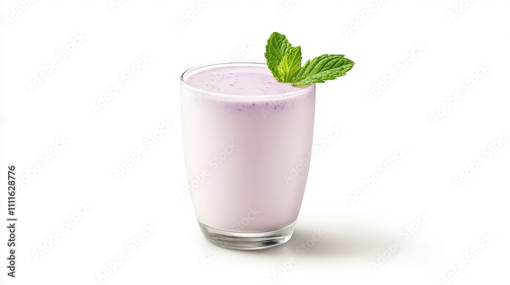 A close-up of a single smoothie glass isolated on a white background, filled with a creamy purple berry blend and topped with a mint leaf.