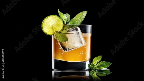 A close-up of tonic water fizzing in a glass, with garnishes of lime and mint, and a sleek, dark background for contrast.