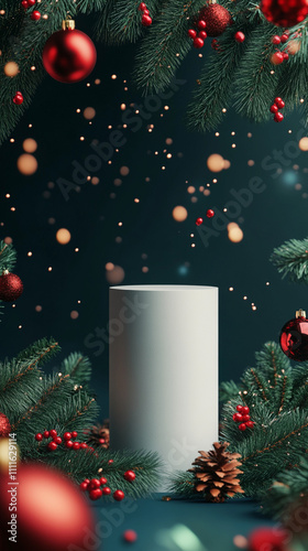 one cylindrical pedestal, set against a christmas themed background. The pedestals are arranged in the center and have soft edges