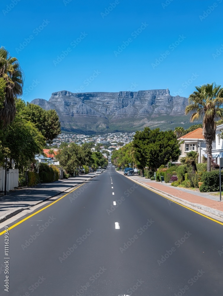 Scenic view of table mountain from urban road cape town landscape photography clear sky panoramic perspective Scenic view of table mountain from urban road cape town landscape photography clear sky panoramic perspective