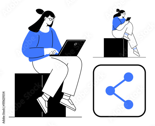 Woman sitting on a block working on a laptop, another instance of her reading a handheld device, share icon. Ideal for technology, connectivity, remote work, communication, social media, networking