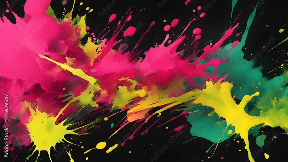 A vibrant explosion of color with splashes of pink, yellow, and green on a black background. A vibrant explosion of color with splashes of pink, yellow, and green on a black background.