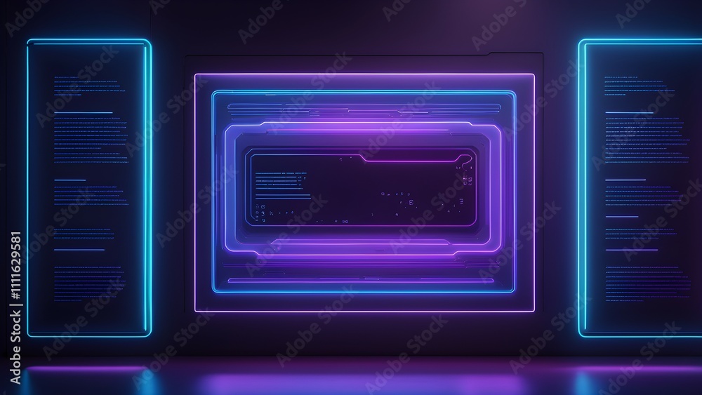 A futuristic display with glowing frames and text, suggesting a tech or information theme. A futuristic display with glowing frames and text, suggesting a tech or information theme.