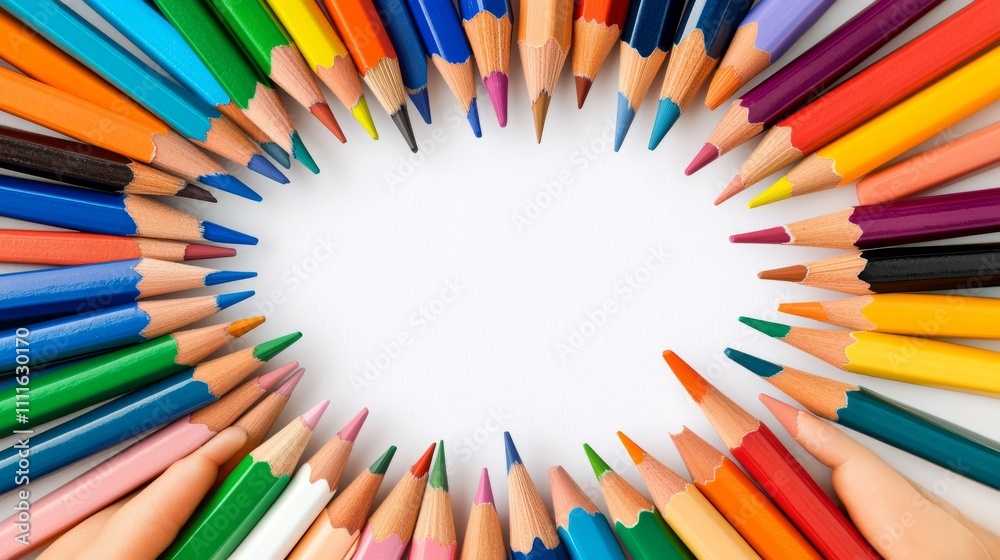 Child's hand with blank sheet of paper and different pencils on color background Child's hand with blank sheet of paper and different pencils on color background