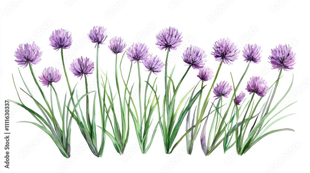 Fototapeta premium Watercolor Chive Blossoms Spring Floral Border Purple Flowers Garden Herbs