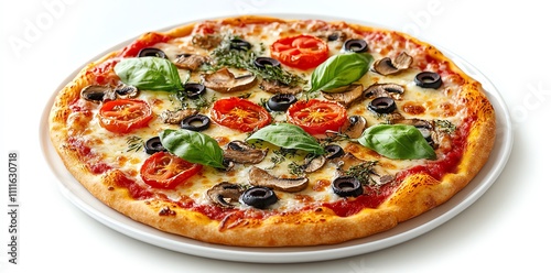 Delicious pizza with mushrooms, tomatoes, olives, and basil on a white plate.