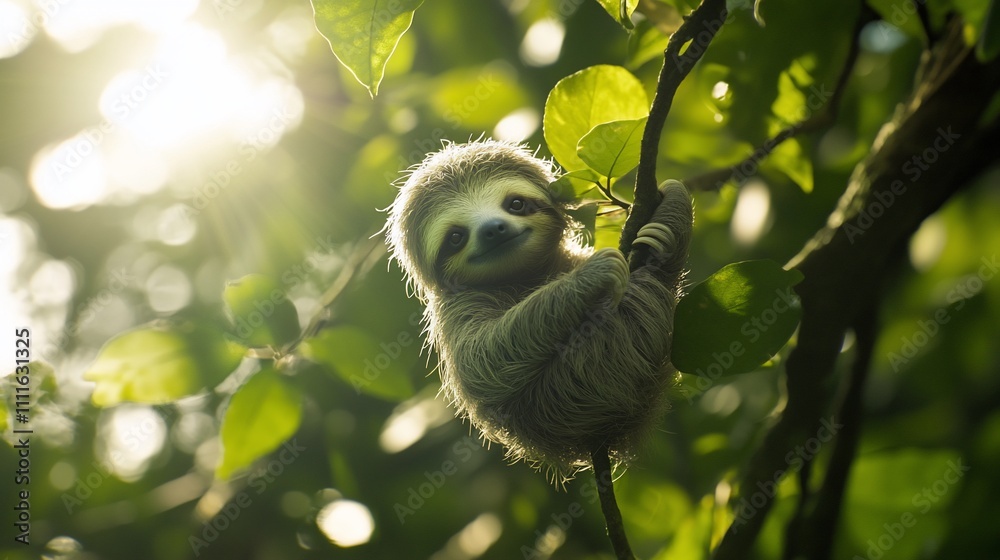 Adorable baby sloth clinging to a tree branch, sunlit leaves. Adorable baby sloth clinging to a tree branch, sunlit leaves.