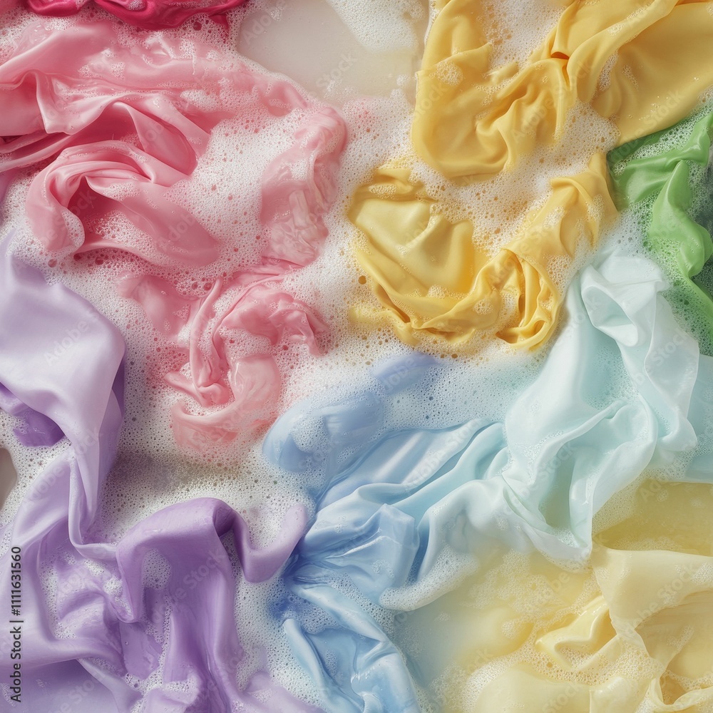 Pastel fabrics soak in bubbly, soapy water. Pastel fabrics soak in bubbly, soapy water.