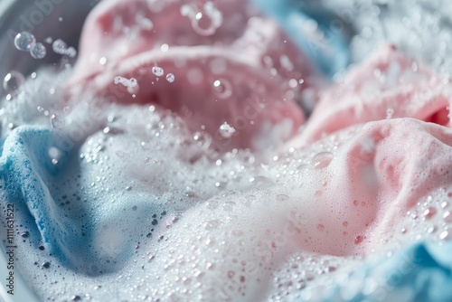 Soapy bubbles cover pink and blue fabrics.