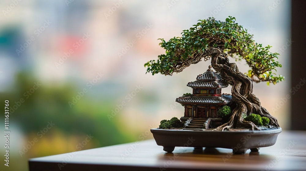 A bonsai tree with roots wrapping around a small ancient temple figurine symbolizing harmony and connection with the past. A bonsai tree with roots wrapping around a small ancient temple figurine symbolizing harmony and connection with the past.