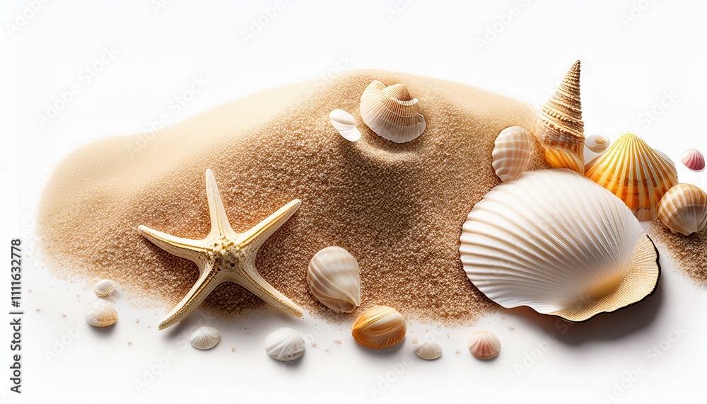 Sand and sea shells beach theme on isolated white background. top view Sand and sea shells beach theme on isolated white background. top view
