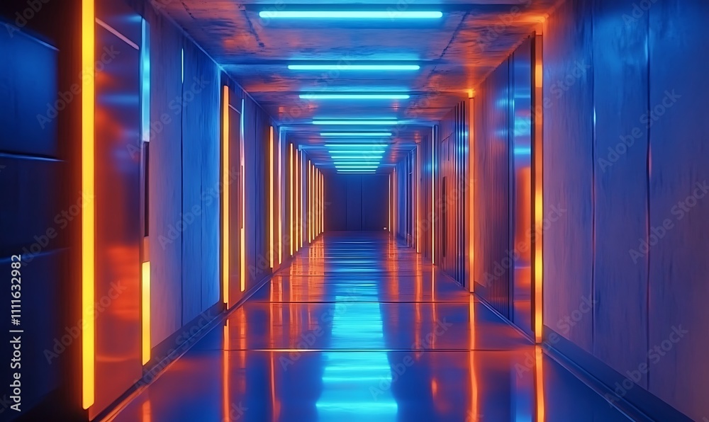 retrofuturistic corridor with neon blue and orange glow sleek concrete surfaces glossy reflections and cyberpunk aesthetics creating an immersive scifi atmosphere, Generative Ai retrofuturistic corridor with neon blue and orange glow sleek concrete surfaces glossy reflections and cyberpunk aesthetics creating an immersive scifi atmosphere, Generative Ai