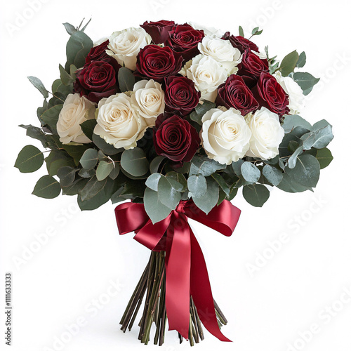 A beautiful bouquet featuring red and white roses, adorned with greenery and tied with a red ribbon, perfect for any romantic occasion.