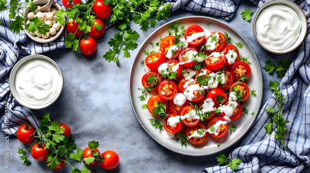 Creamy Pomidor va Shivit Salad with Tomato, Dill, and Yogurt (Kazakhstan Cuisine) Creamy Pomidor va Shivit Salad with Tomato, Dill, and Yogurt (Kazakhstan Cuisine)