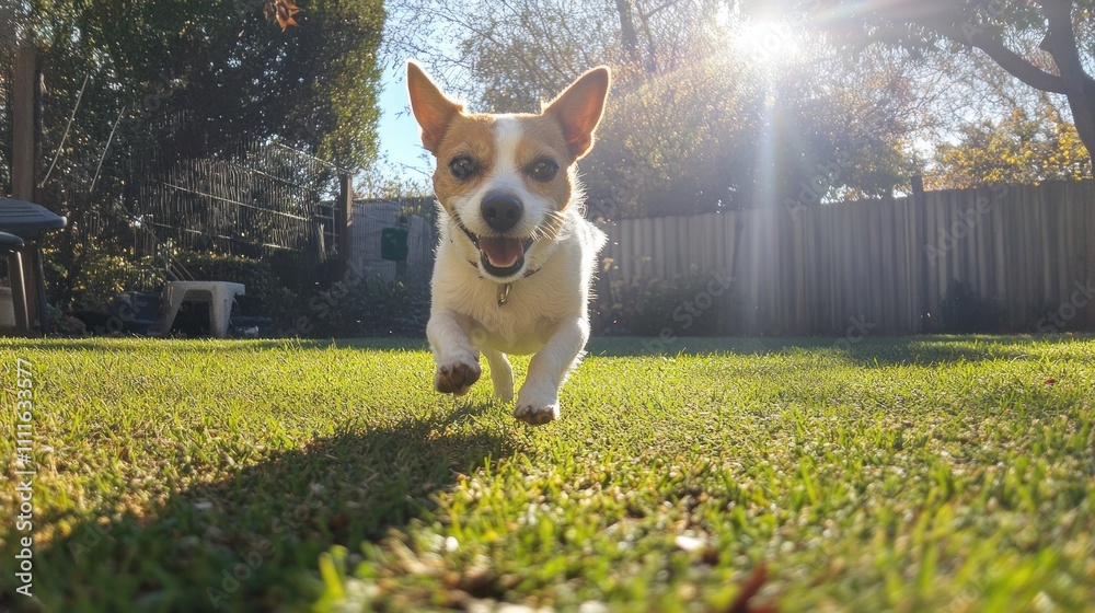 Happy dog running in sunny backyard.