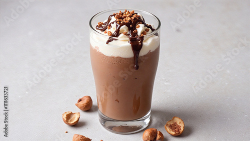 Decadent chocolate milkshake with whipped cream and hazelnuts on a neutral background