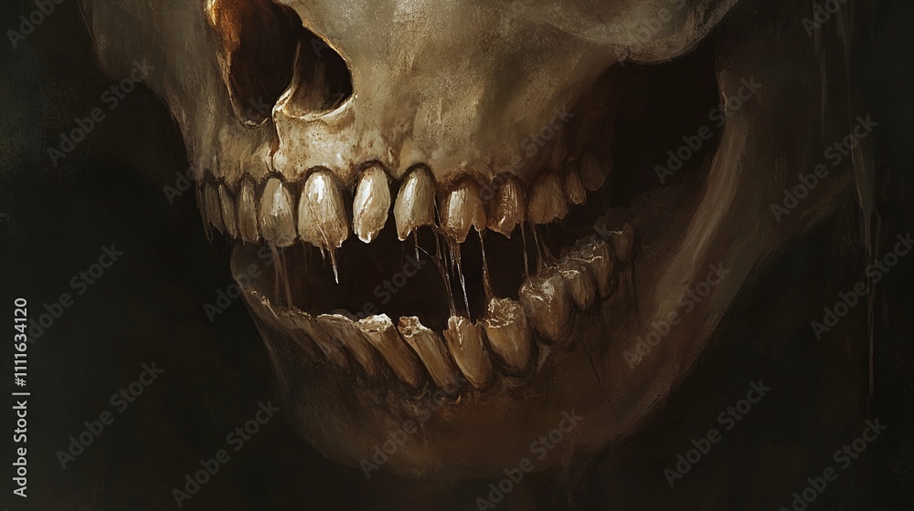 A detailed close-up of a skulls perfect teeth with faint reflections of candlelight glinting off them. A detailed close-up of a skulls perfect teeth with faint reflections of candlelight glinting off them.