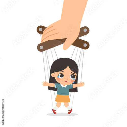 A young girl as a puppet, symbolizing the influence and control of family expectations. Her tears reflect the weight of external pressures.