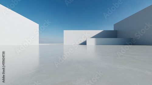 Fototapeta Naklejka Na Ścianę i Meble -  3d render of abstract modern white  concrete architecture with empty cement floor, minimal exterior, car presentation background
