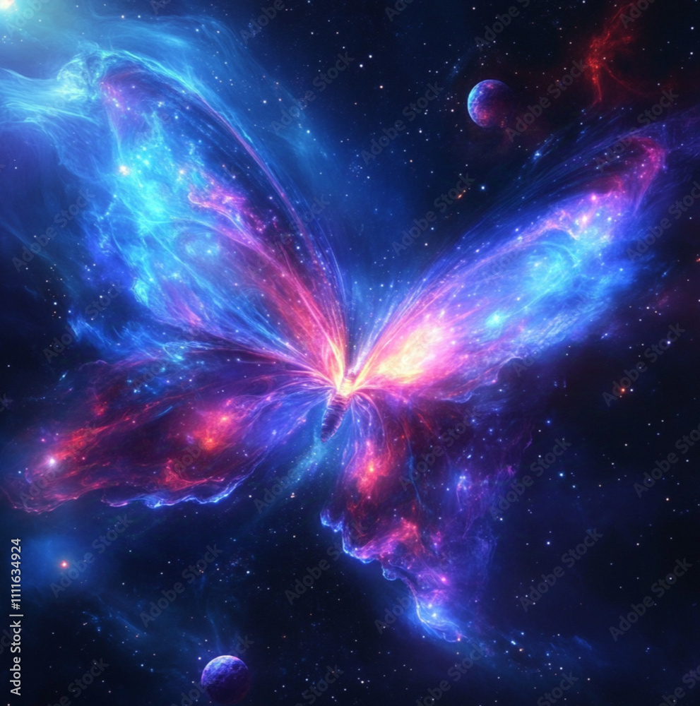 Fototapeta premium 3 star nebula which is butterfly-shaped, with blurry, bright, blue, purple, red colors. Planets and comets in the background
