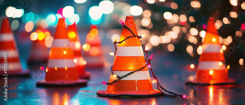 Wallpaper Mural Traffic cones arranged as a Christmas tree, decorated with twinkling lights and ribbons-3 Torontodigital.ca