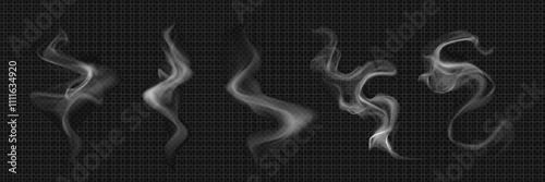 Hot coffee, tea or food smoke effect. Cup steam vector. Realistic transparent white drink mist for mug. Smoky air flow swirl png collection. Fume cloud trail abstract set. Incense or dish vapour