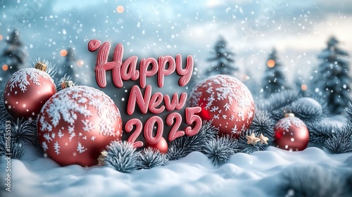  Festive New Year's Scene with Snow Covered Ornaments and Happy New 2025 3d Text 