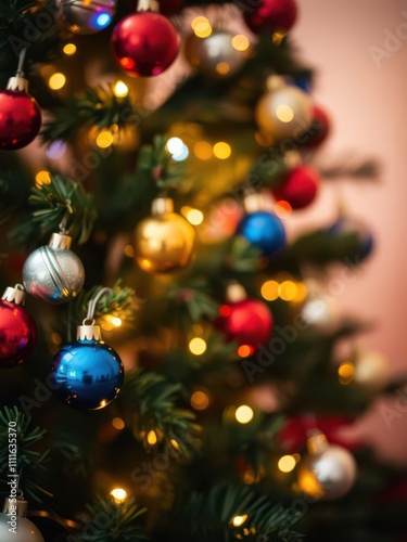 Christmas tree decorated with colorful baubles and illuminated with blurred shiny lights, holiday, festive