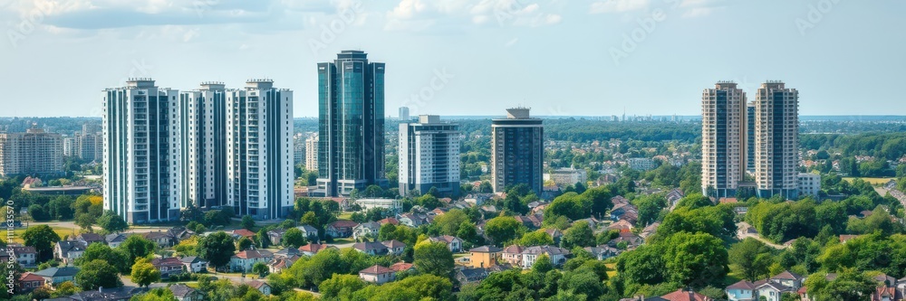 Fototapeta premium Cityscape featuring high-rise modern buildings surrounded by a suburban area with private homes and lush greenery, private homes, cityscape