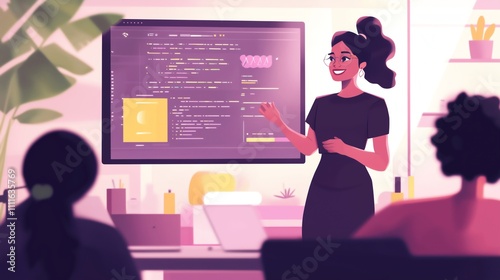 Confident woman presenting a complex coding project to her diverse team in a modern office, collaborative atmosphere with warm lighting and attentive smiles.
