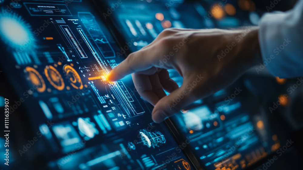 Businessman Interacting with Digital Data and Analytics on a Futuristic Interface Businessman Interacting with Digital Data and Analytics on a Futuristic Interface