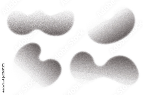 Dotted noisy gradient shapes. Grainy abstract spray paint wavy shadow on white background. Vector grunge halftone effect. Fluid dusty blobs.