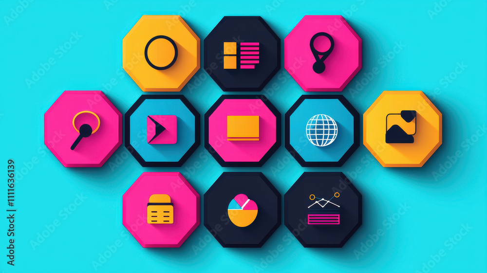 Naklejka premium hexagon infographic concept. vibrant flat style infographic with colorful hexagons showcasing various icons