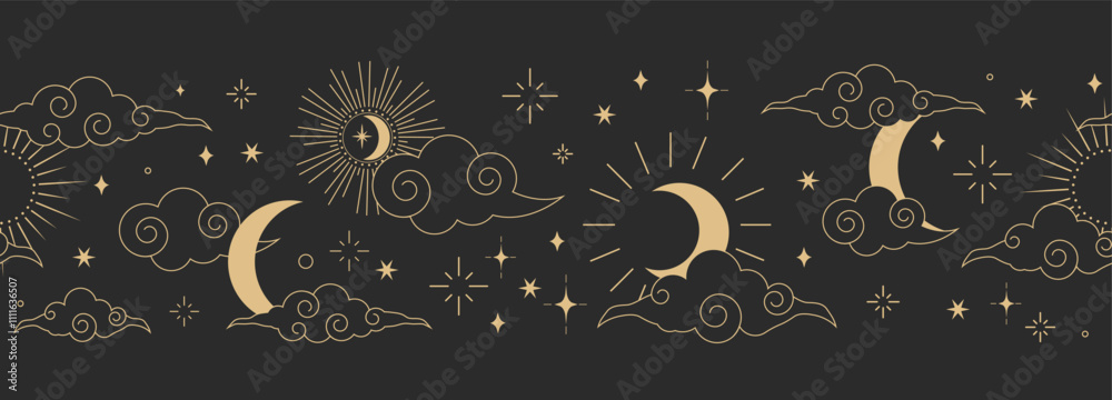 Φωτογραφία Celestial seamless border, witch spiritual decoration with asian clouds moon, sun burst and stars