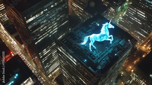 A high-rise building in a metropolitan city with a glowing unicorn logo on its rooftop visible from miles away.