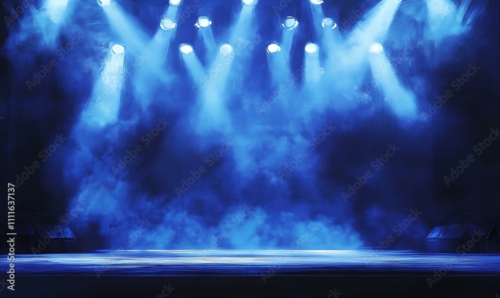 Fototapeta premium dramatic stage lighting with smoke and spotlights in empty blue concert hall digital painting, Generative Ai