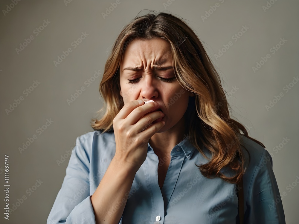 a woman is coughing while emitting smoke from her mouth and nose from smoking