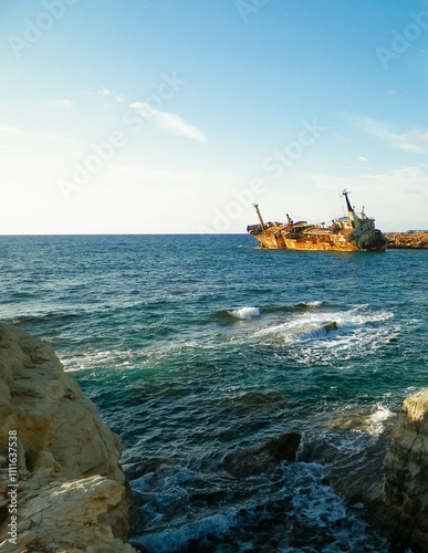 Wreck of Edro III ship on a sea coast. Coral Bay Cyprus. photo