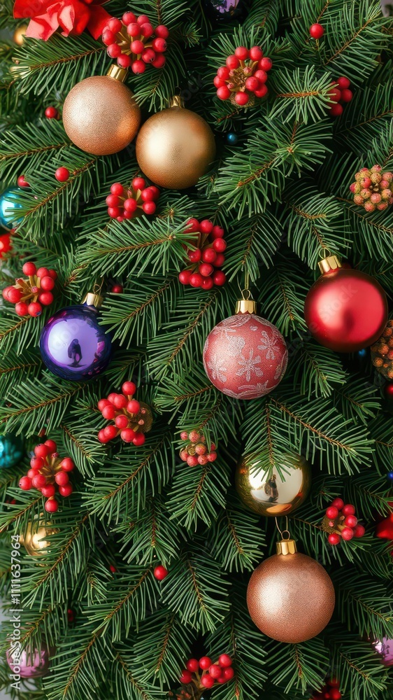 Fototapeta premium Christmas pine branch adorned with colorful decorations and shining balls, festive, red