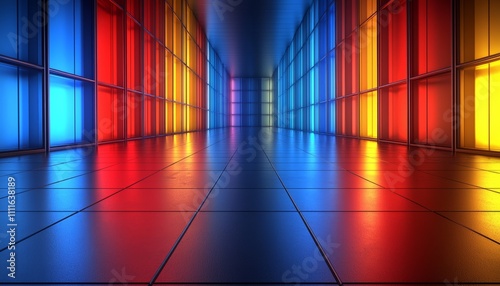 Colorful Illuminated Corridor With Glass Panels