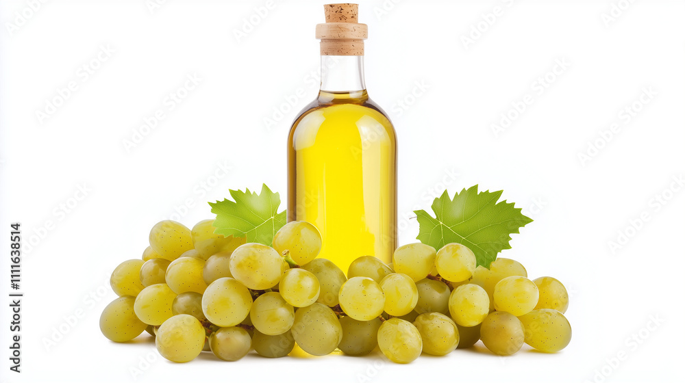Grape Seed Oil: A bottle of golden grape seed oil nestled beside a cluster of ripe green grapes, promising a burst of flavor and health benefits. Grape Seed Oil: A bottle of golden grape seed oil nestled beside a cluster of ripe green grapes, promising a burst of flavor and health benefits.