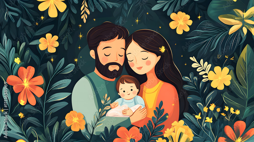 Christmas scene illustration showing holy family baby Jesus in the manger Joseph and Mary Banner Copy space Christmas scene illustration showing holy family baby Jesus in the manger Joseph and Mary Banner Copy space