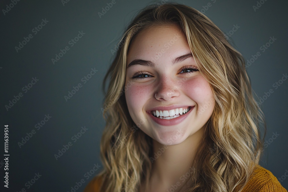 A close-up of a young woman smiling brightly, highlighting her cheerful expression, styled hair, light makeup, and trendy casual attire in a professional studio setting. A close-up of a young woman smiling brightly, highlighting her cheerful expression, styled hair, light makeup, and trendy casual attire in a professional studio setting.