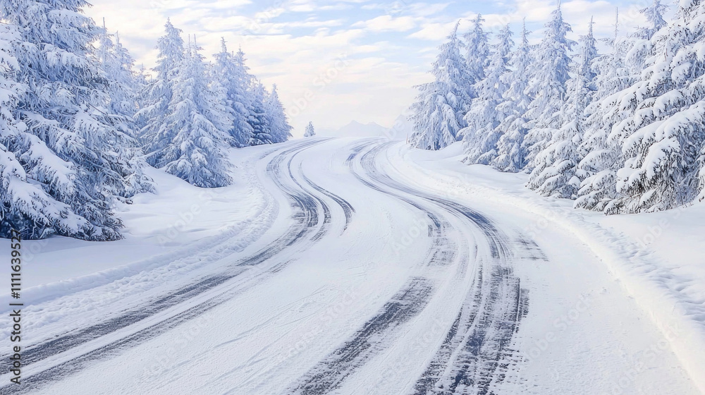 Obraz premium Winding snowy road through snow-covered trees.