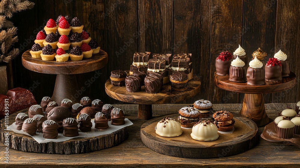 Artfully arranged artisanal chocolates and pastries on a rustic wooden table, highlighting exquisite craftsmanship and decorative accents. Artfully arranged artisanal chocolates and pastries on a rustic wooden table, highlighting exquisite craftsmanship and decorative accents.