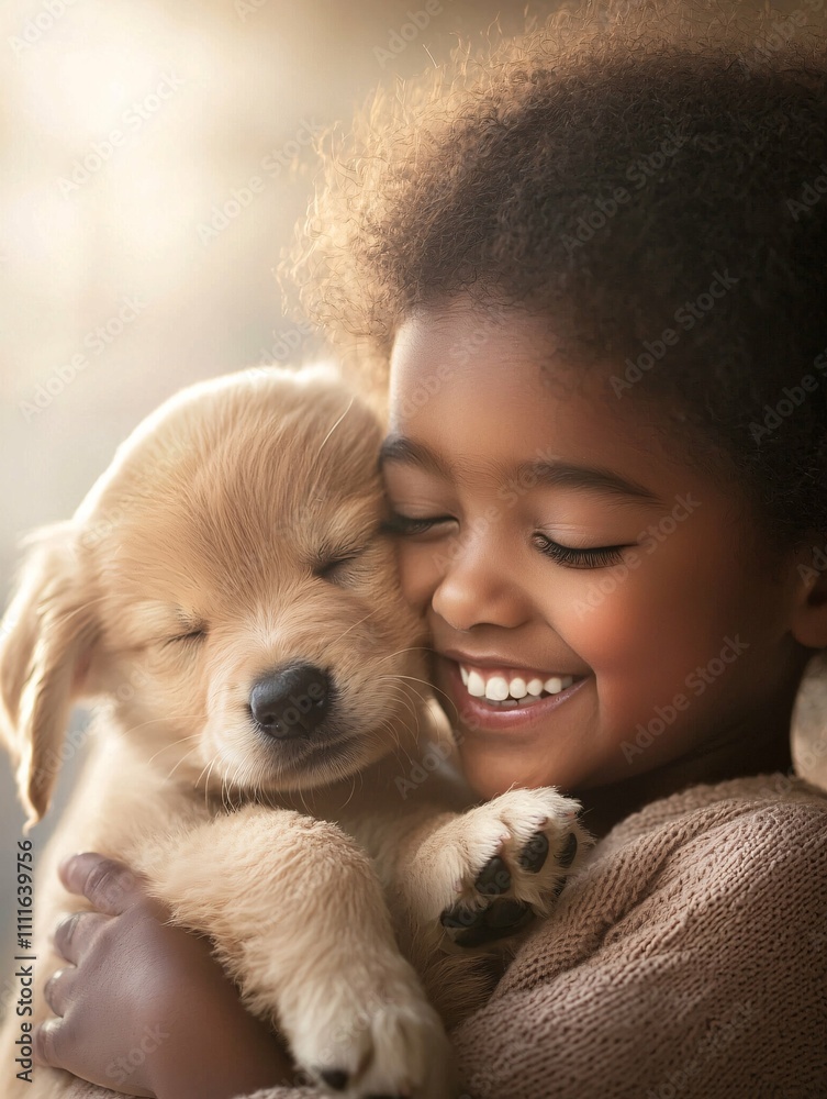 A smiling child joyfully hugs a puppy in a bright studio, surrounded by warm lighting that highlights their delightful bond. A smiling child joyfully hugs a puppy in a bright studio, surrounded by warm lighting that highlights their delightful bond.